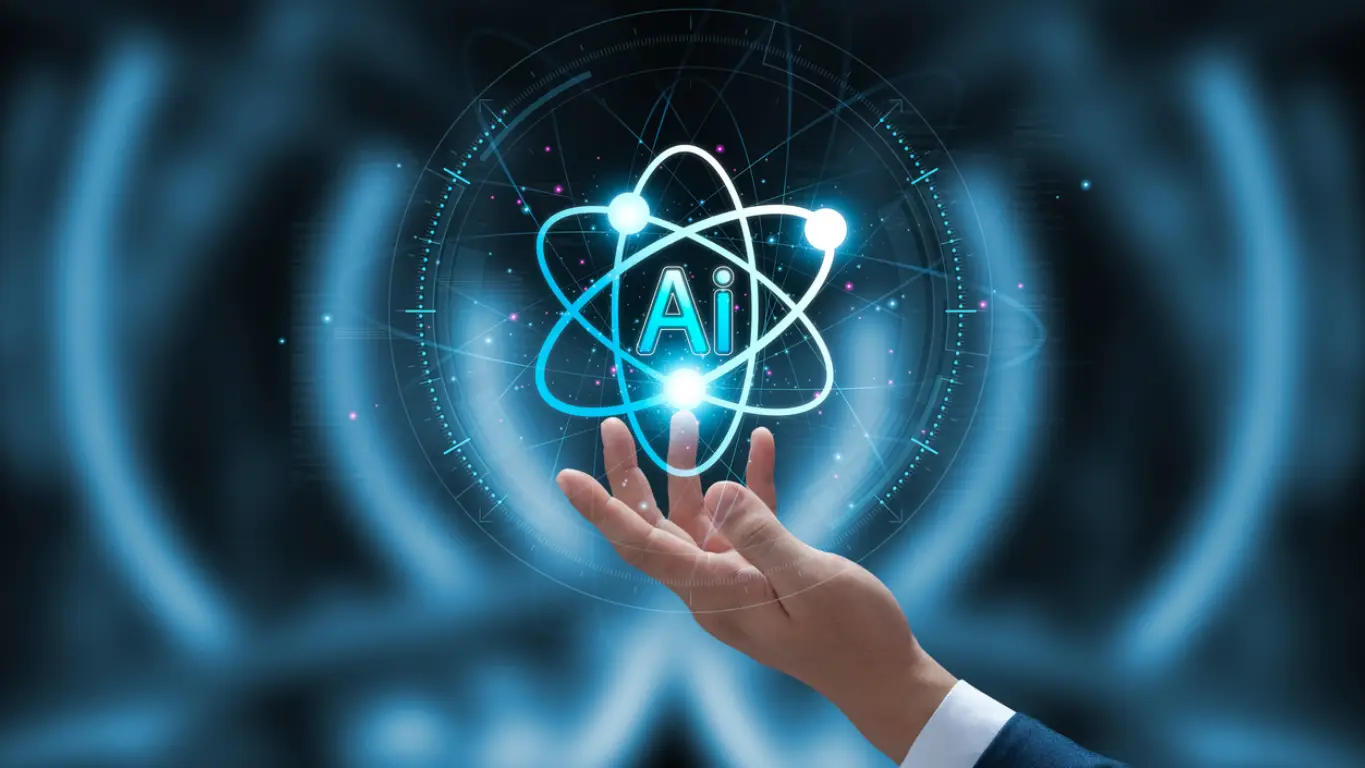 A businessman's hand reaching toward a glowing AI icon, symbolizing artificial intelligence and quantum computing advancements.