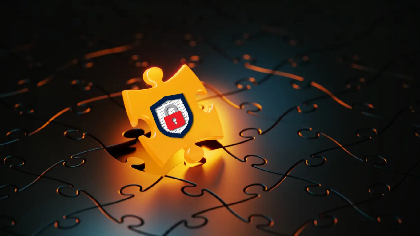 Glowing orange puzzle piece with a cybersecurity padlock icon, symbolizing a key solution to modern cybersecurity challenges.