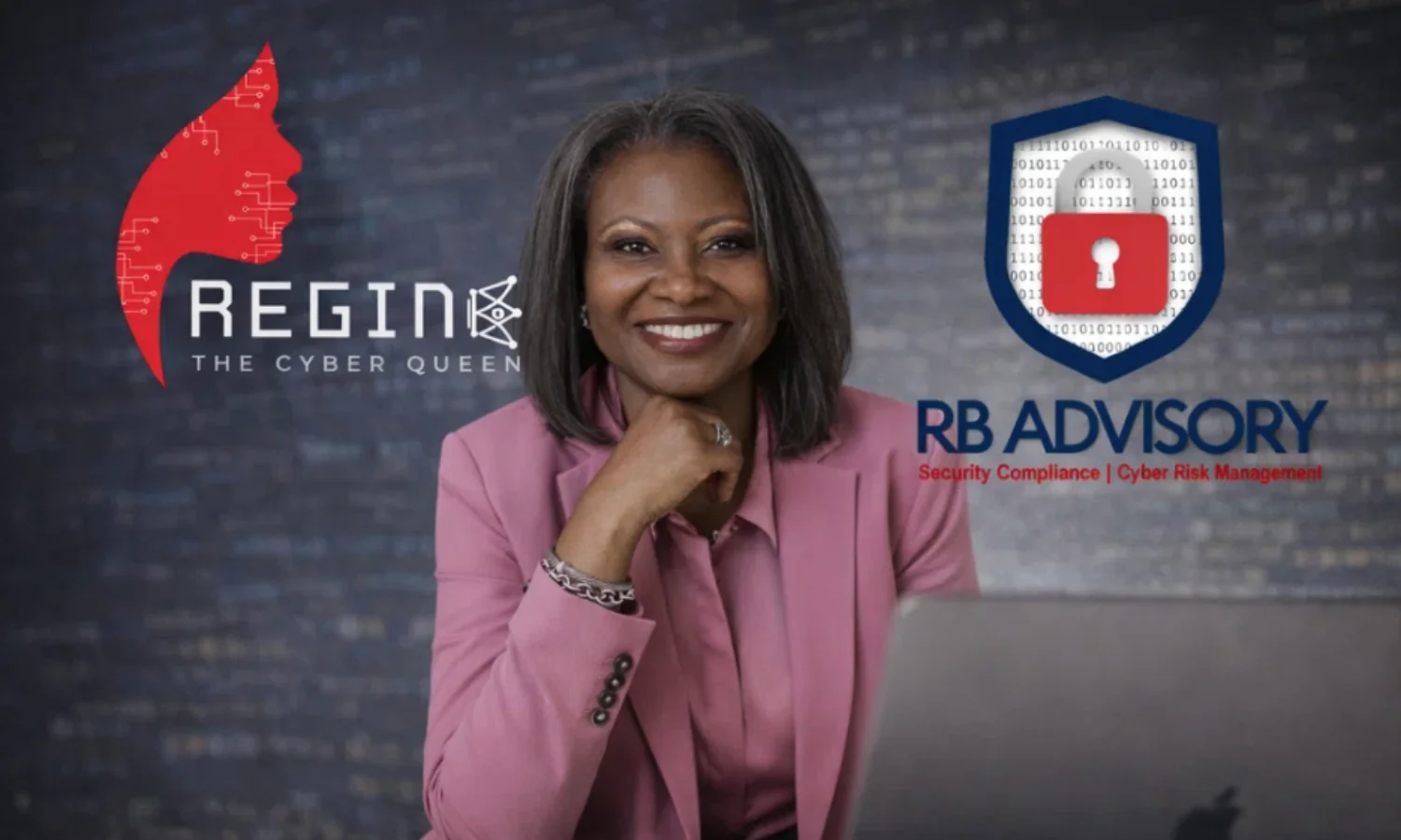 Professional woman in a pink blazer smiling at a laptop, with cybersecurity branding for Regina “The Cyber Queen” and RB Advisory highlighting cyber risk management and security compliance