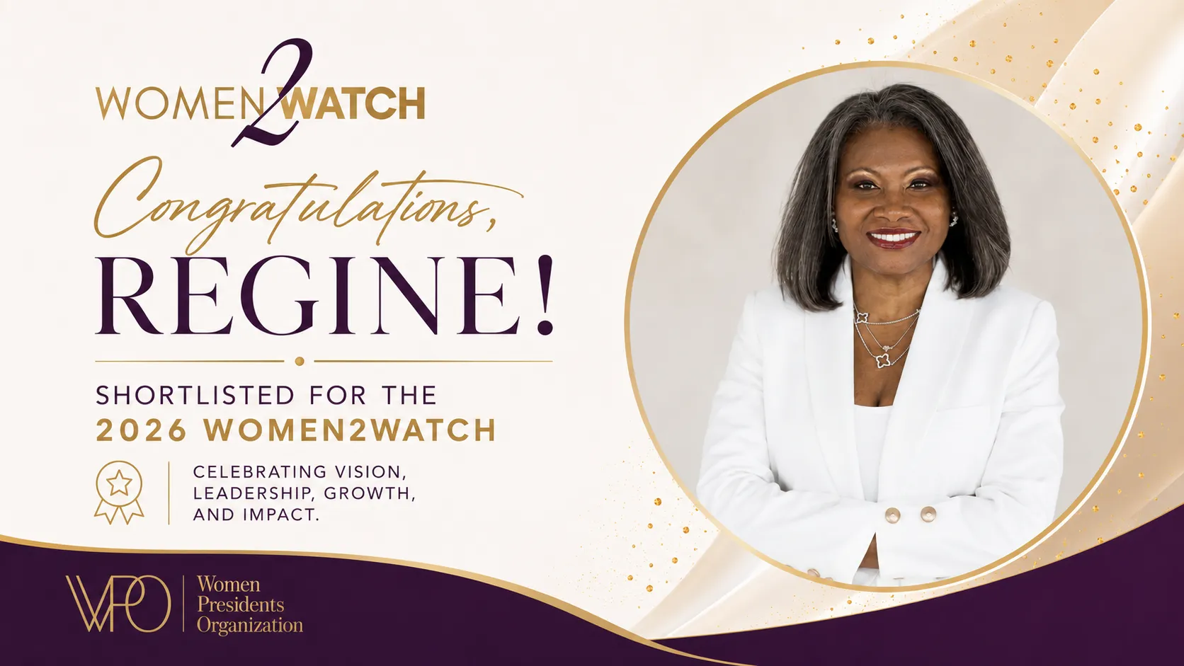 Portrait of Regine Bonneau celebrating her selection to the 2026 Women2Watch shortlist by the Women Presidents Organization for leadership, business growth, and industry impact.